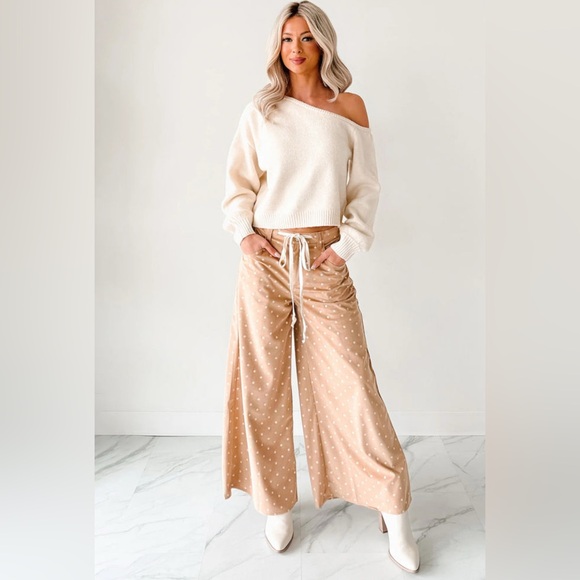 The Boutique Lab Pants - Emilia- Tan Polka Dot Wide-Leg Pants